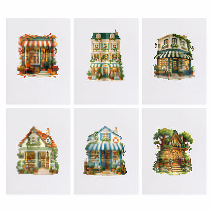 Little Shopfronts and Cottages mini diamond painting – Village shopfronts with awnings, a townhouse, a cafe, a cottage and an ivy-covered house