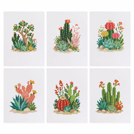 Blooming Desert Cacti mini diamond painting – Cacti, agaves and succulents with pink and red blooms on small mounds of sand