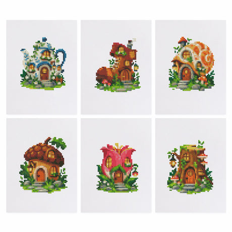 Teapot, Boot and Acorn Fairy Homes mini diamond painting – Tiny fairy houses in a teapot, a boot, a snail shell, an acorn, a tulip and a tree stump
