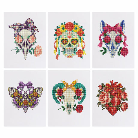 Rose-Wreathed Skulls and Moth mini diamond painting – Bird skull, sugar skull, cat skull, death's-head moth, ram skull and anatomical heart decorated with roses and bows
