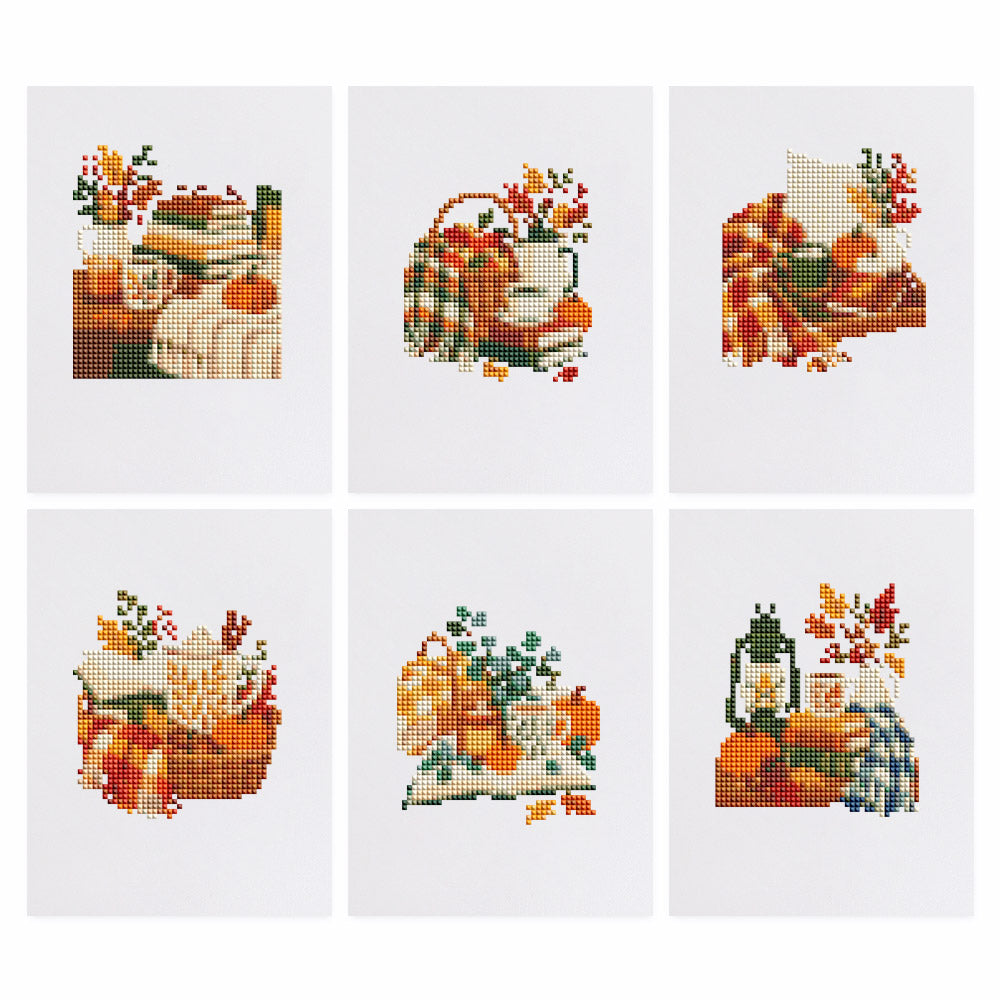 Plaid Blankets and Pumpkin Books mini diamond painting – Autumn still lifes of books, plaid blankets, wicker baskets, a lantern, pumpkins and fall leaves