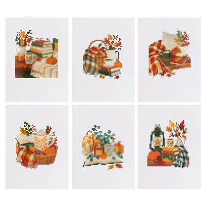 Plaid Blankets and Pumpkin Books mini diamond painting – Autumn still lifes of books, plaid blankets, wicker baskets, a lantern, pumpkins and fall leaves