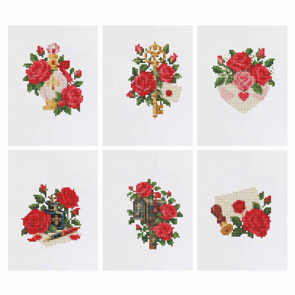 Rose Mailbox and Wax-Sealed Notes mini diamond painting – Red roses with a perfume bottle, a golden key, a heart, a black keepsake box, a mailbox and a wax-sealed letter