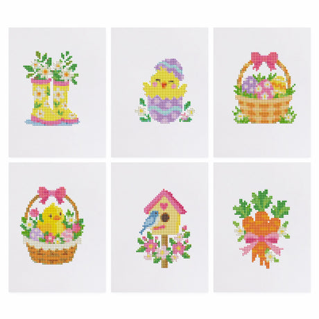 Easter Chicks and Rain Boots mini diamond painting – Rain boots with flowers, chick in an eggshell, egg basket, chick in a basket, birdhouse and a carrot bouquet