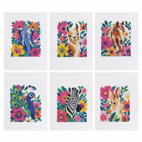 Peacock and Zebra in Bold Blooms mini diamond painting – Elephant, llama, horse, peacock, zebra and rabbit surrounded by bright pink, yellow and blue flowers