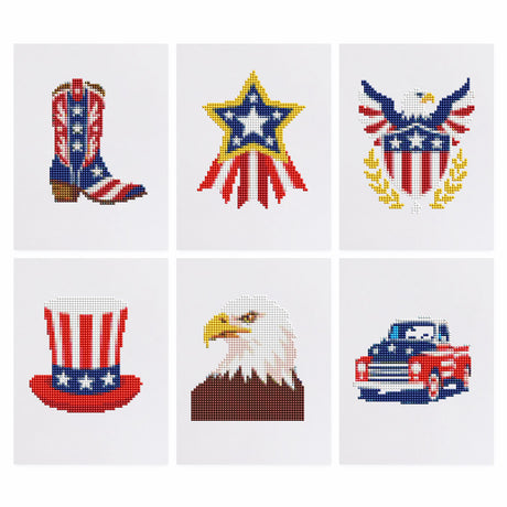 Stars and Stripes Americana mini diamond painting – Flag-patterned cowboy boot, star ribbon, eagle shield, striped top hat, bald eagle and a red pickup truck