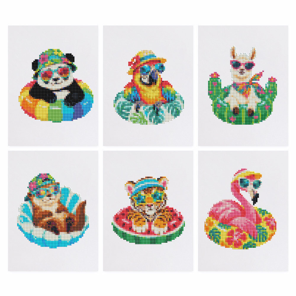 Pool Float Party Animals mini diamond painting – Panda, parrot, llama, otter, tiger cub and flamingo in sunglasses lounging on colorful pool floats
