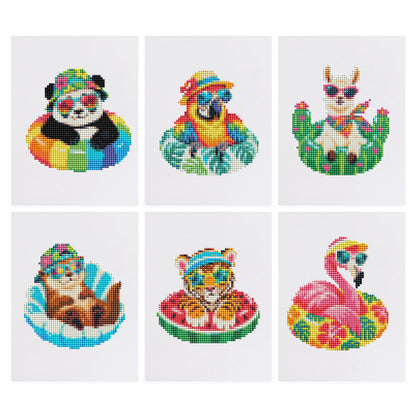 Pool Float Party Animals mini diamond painting – Panda, parrot, llama, otter, tiger cub and flamingo in sunglasses lounging on colorful pool floats