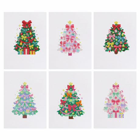 Pastel and Classic Christmas Trees mini diamond painting – Six decorated Christmas trees, some classic green and red, others in pastel pink and lilac