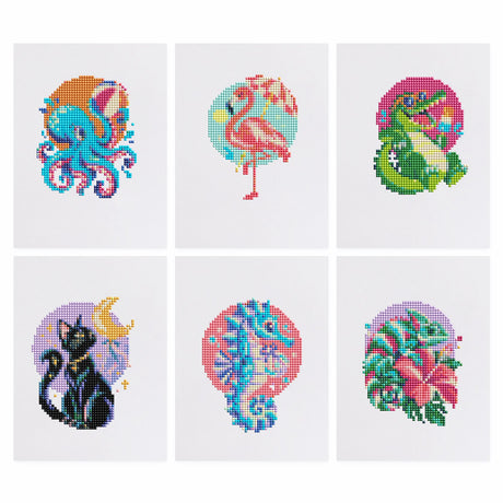 Neon Circle Octopus and Flamingo mini diamond painting – Octopus, flamingo, frog, black cat with moon, seahorse and lizard on bright round color backdrops