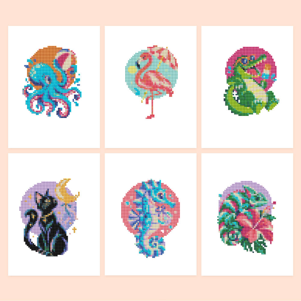 Neon Circle Octopus and Flamingo (Mini Diamond Painting)