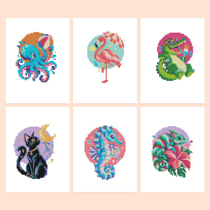 Neon Circle Octopus and Flamingo (Mini Diamond Painting)