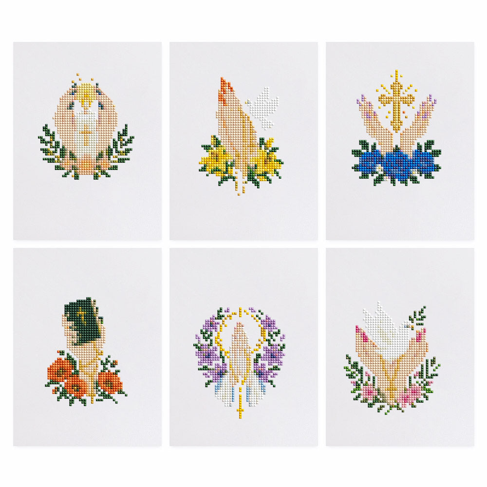 Praying Hands and Blossoms mini diamond painting – Praying hands framed by flowers, hands with a golden cross, a hand holding a Bible and hands releasing a dove