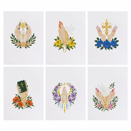 Praying Hands and Blossoms mini diamond painting – Praying hands framed by flowers, hands with a golden cross, a hand holding a Bible and hands releasing a dove