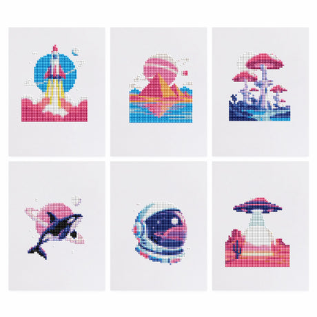 Vaporwave Rocket and Astronaut mini diamond painting – Rocket launch, pink planet over a pyramid, glowing mushrooms, orca with planet, astronaut helmet and a UFO