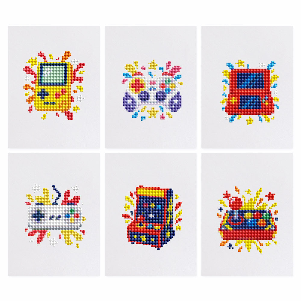 Retro Handhelds and Arcade Fun mini diamond painting – Handheld game consoles, game controllers, an arcade cabinet and an arcade joystick with colorful bursts