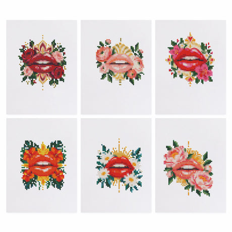Red Lips in Rose Bouquets mini diamond painting – Red and pink lips surrounded by roses, daisies and green leaves