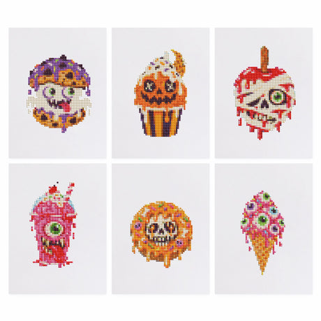 Creepy Cupcake and Eyeball Cone mini diamond painting – Halloween sweets: monster donut, jack-o'-lantern cupcake, skull candy apple, monster shake, skull cookie, eyeball cone