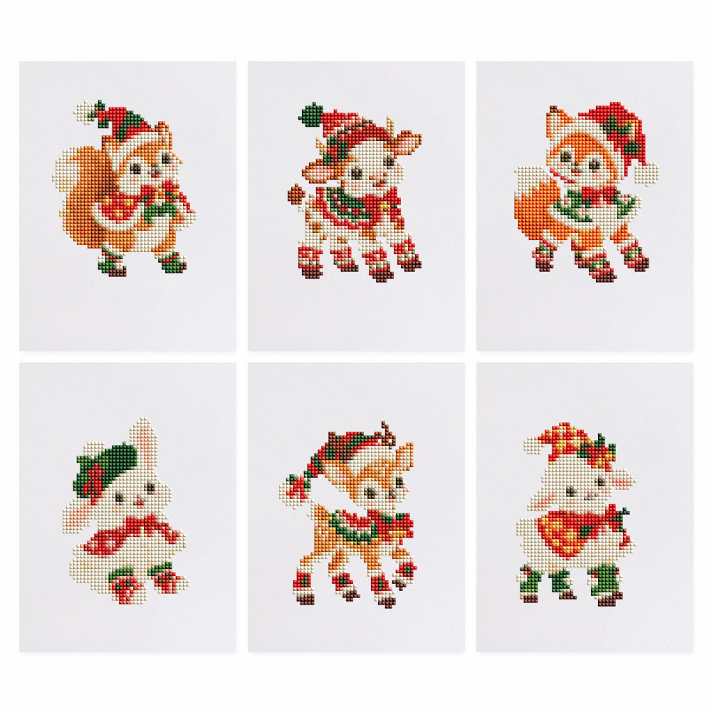 Santa Hat Babies in Red Scarves mini diamond painting – Squirrel, calf, fox, bunny, fawn and lamb wearing Santa hats and red scarves
