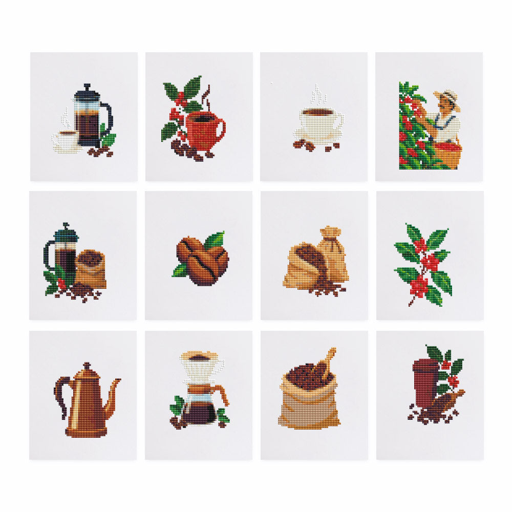 Bean to Cup Coffee Ritual mini diamond painting – French presses, coffee cups, beans, burlap sacks, coffee plant branches, a pour-over, a pot and a coffee picker