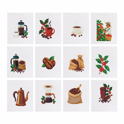 Bean to Cup Coffee Ritual mini diamond painting – French presses, coffee cups, beans, burlap sacks, coffee plant branches, a pour-over, a pot and a coffee picker