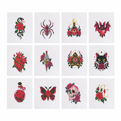Tattoo Flash Roses and Serpent mini diamond painting – Gothic tattoo-style snake, spider, bat, heart, dagger, black cat, potion bottle, moth and skull with red roses