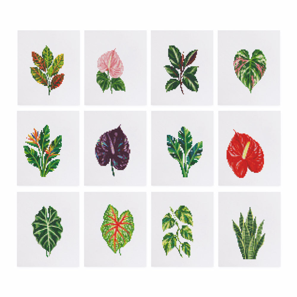 Anthurium and Caladium Leaves mini diamond painting – Tropical leaves and plants including croton, anthurium, caladium, bird of paradise and snake plant