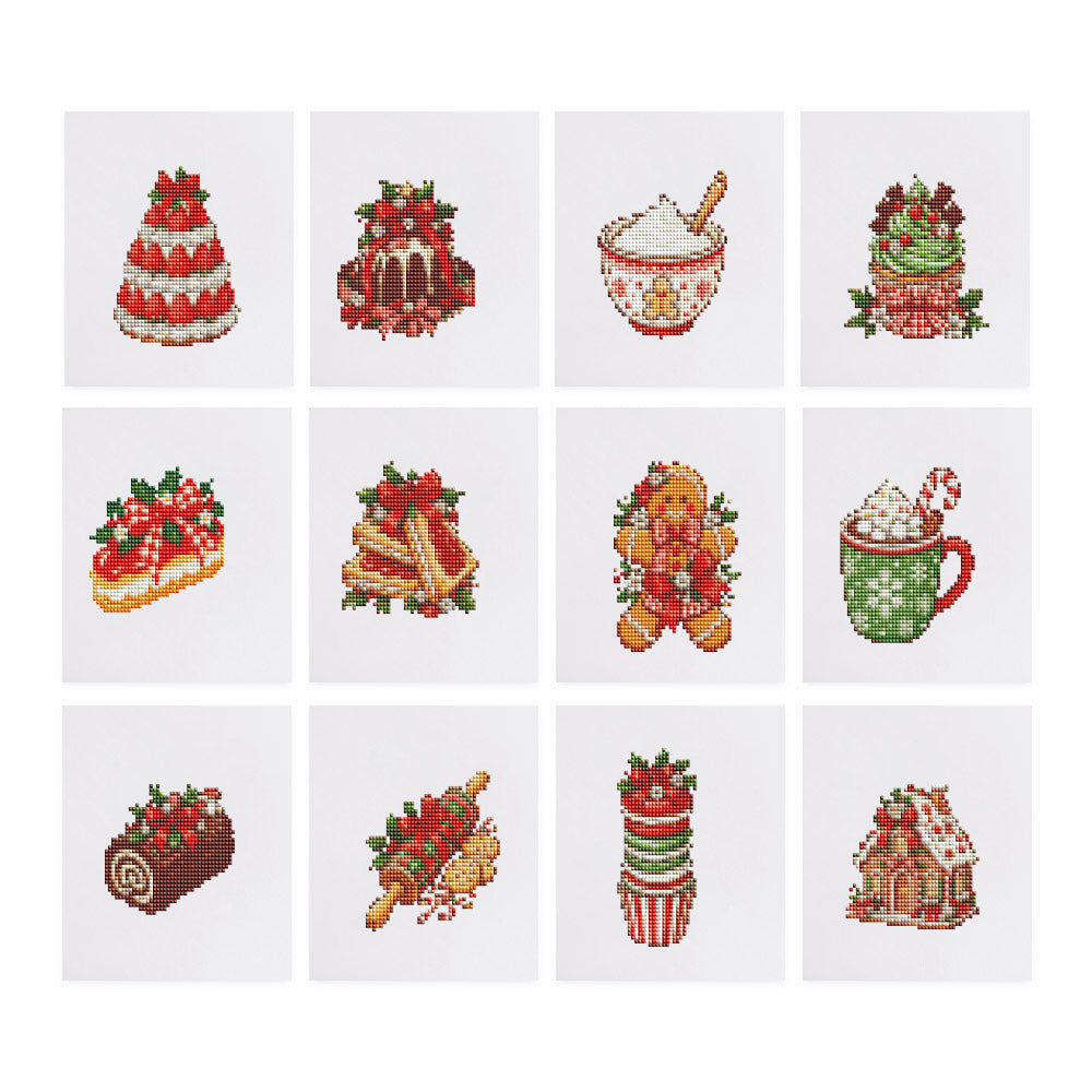 Yule Log and Gingerbread Bakes mini diamond painting – Christmas cakes, bundt cake, cupcake, gingerbread man, cocoa mug, Yule log, rolling pin and gingerbread house