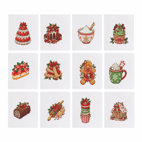 Yule Log and Gingerbread Bakes mini diamond painting – Christmas cakes, bundt cake, cupcake, gingerbread man, cocoa mug, Yule log, rolling pin and gingerbread house
