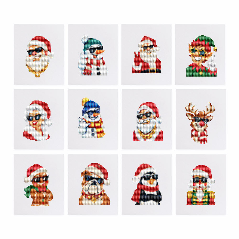 Sunglasses Santa and Cool Crew mini diamond painting – Santas, Mrs. Claus, snowmen, an elf, a reindeer, a bulldog and a penguin in sunglasses and Christmas hats
