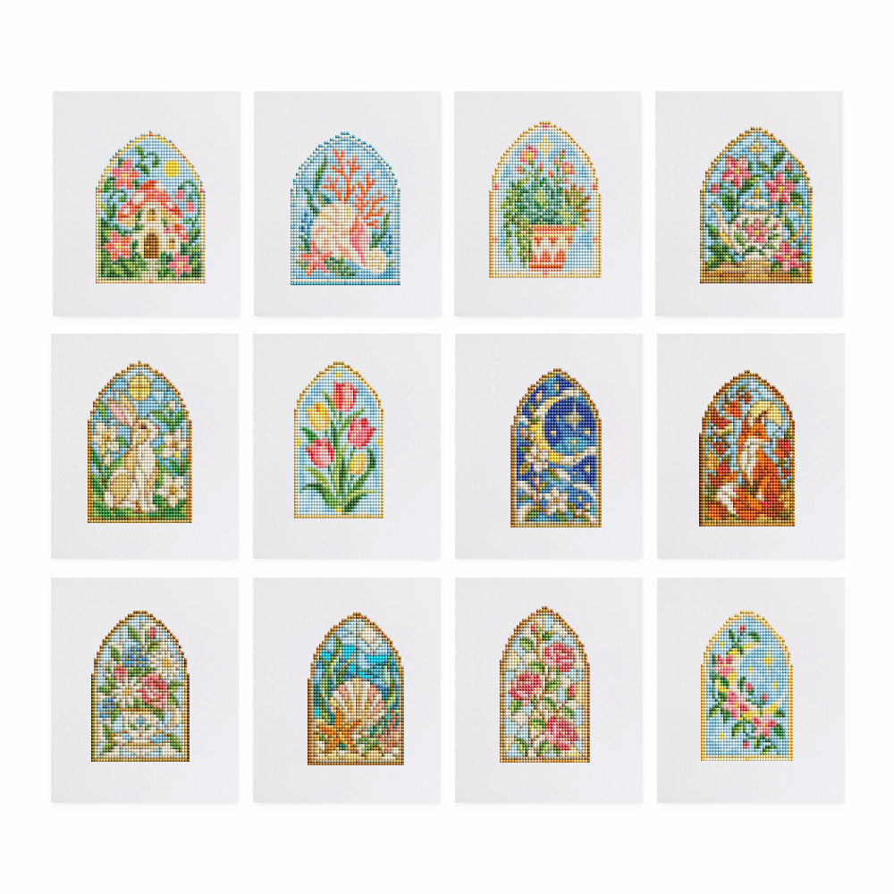 Arched Stained Glass Gardens mini diamond painting – Arched stained glass windows with flowers, tulips, a rabbit, birds and a crescent moon