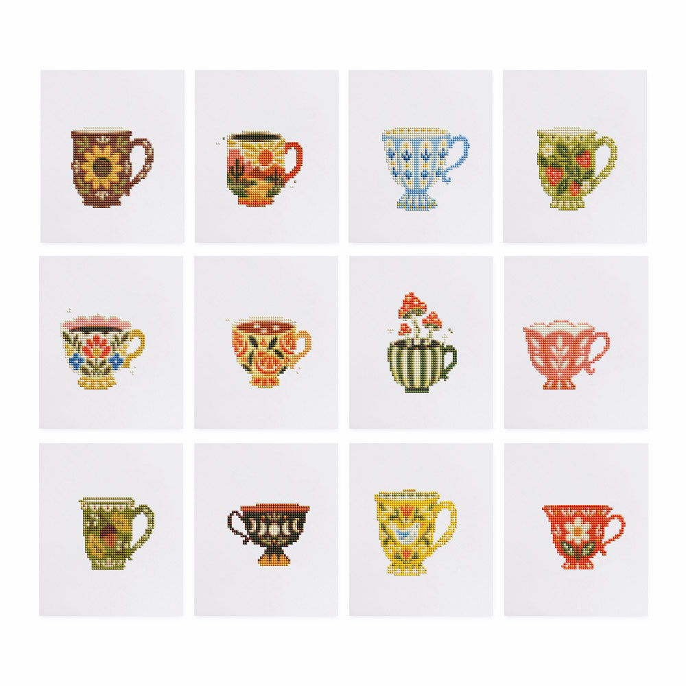 Folk Floral Mugs and Teacups mini diamond painting – Mugs and teacups painted with folk flowers and sunflowers in orange, yellow, green, blue and brown