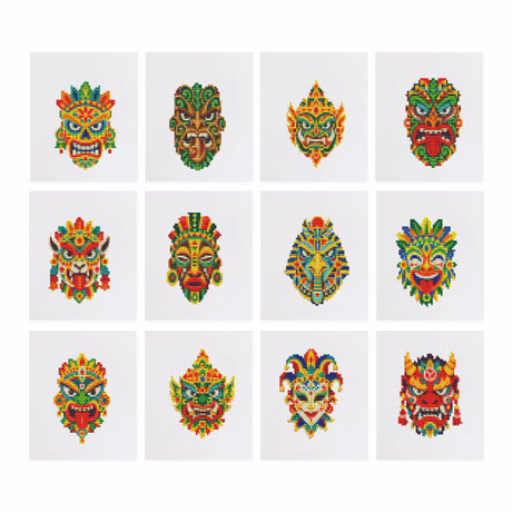 Carved Tiki and Temple Masks mini diamond painting – Ornate carved folk masks in red, green and gold with fierce faces, fangs and crowns