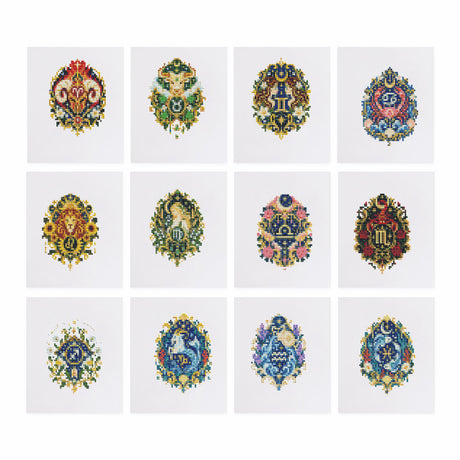 Ornate Gilded Egg Treasures mini diamond painting – Ornamental jeweled eggs in gold, red, teal and blue with filigree, flowers and animal motifs