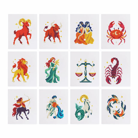 Star Signs From Aries to Pisces mini diamond painting – The zodiac signs drawn as figures: ram, bull, twins, crab, lion, maiden, scales, scorpion, archer, sea-goat, fish