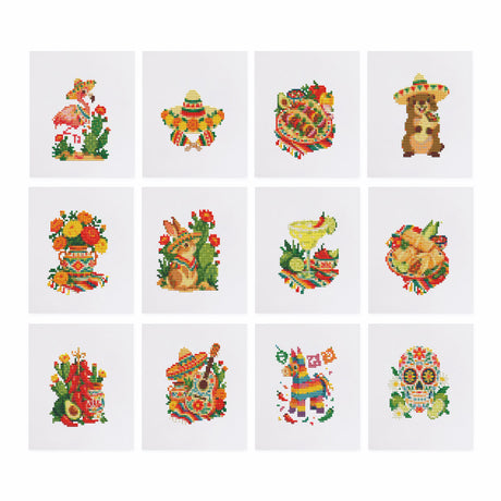 Sombreros, Tacos and Sugar Skull mini diamond painting – Mexican fiesta motifs: flamingo, sombreros, serape, cactus, margarita, tacos, chilies, guitar, piñata and sugar skull