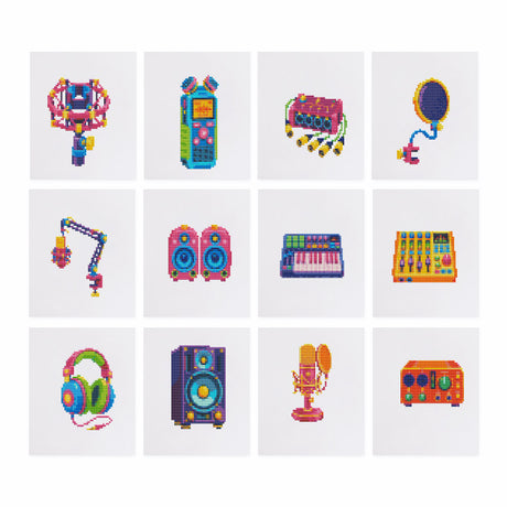 Neon Synth and Studio Speakers mini diamond painting – Neon-colored studio microphones, speakers, synth keyboard, mixing desk, headphones and an amplifier