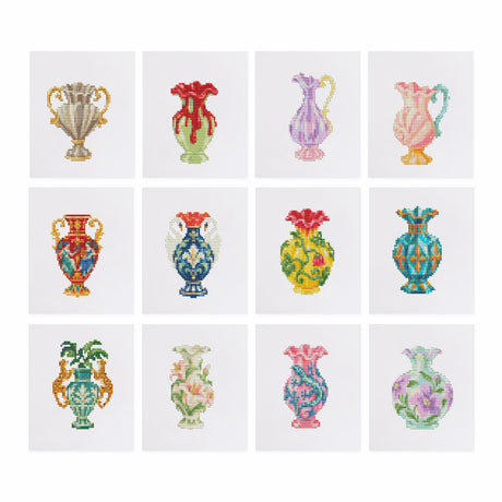 Painted Porcelain Vases and Ewers mini diamond painting – Ornate painted vases, urns and pitchers in gold, red, purple, pink, blue and teal with floral patterns