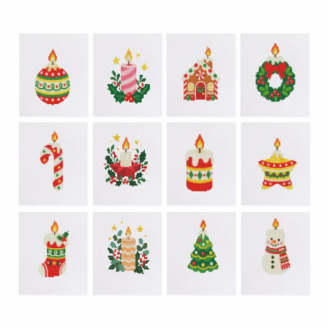 Glowing Christmas Candle Shapes mini diamond painting – Lit Christmas candles shaped like an ornament, candy cane, house, wreath, star, stocking, tree and snowman