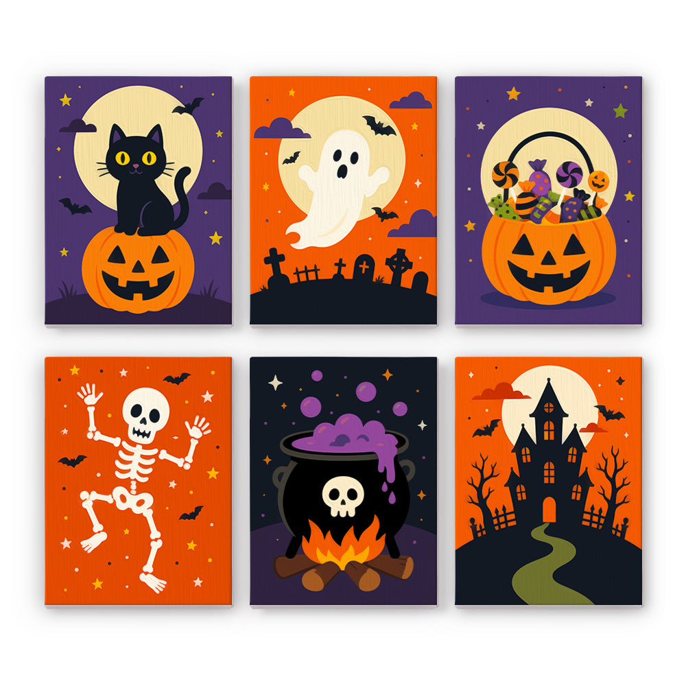 Pumpkin-Perched Cat and Castle mini paint by numbers – Playful Halloween night: black cat on a pumpkin, ghost over graves, candy pumpkin, skeleton, skull cauldron, castle