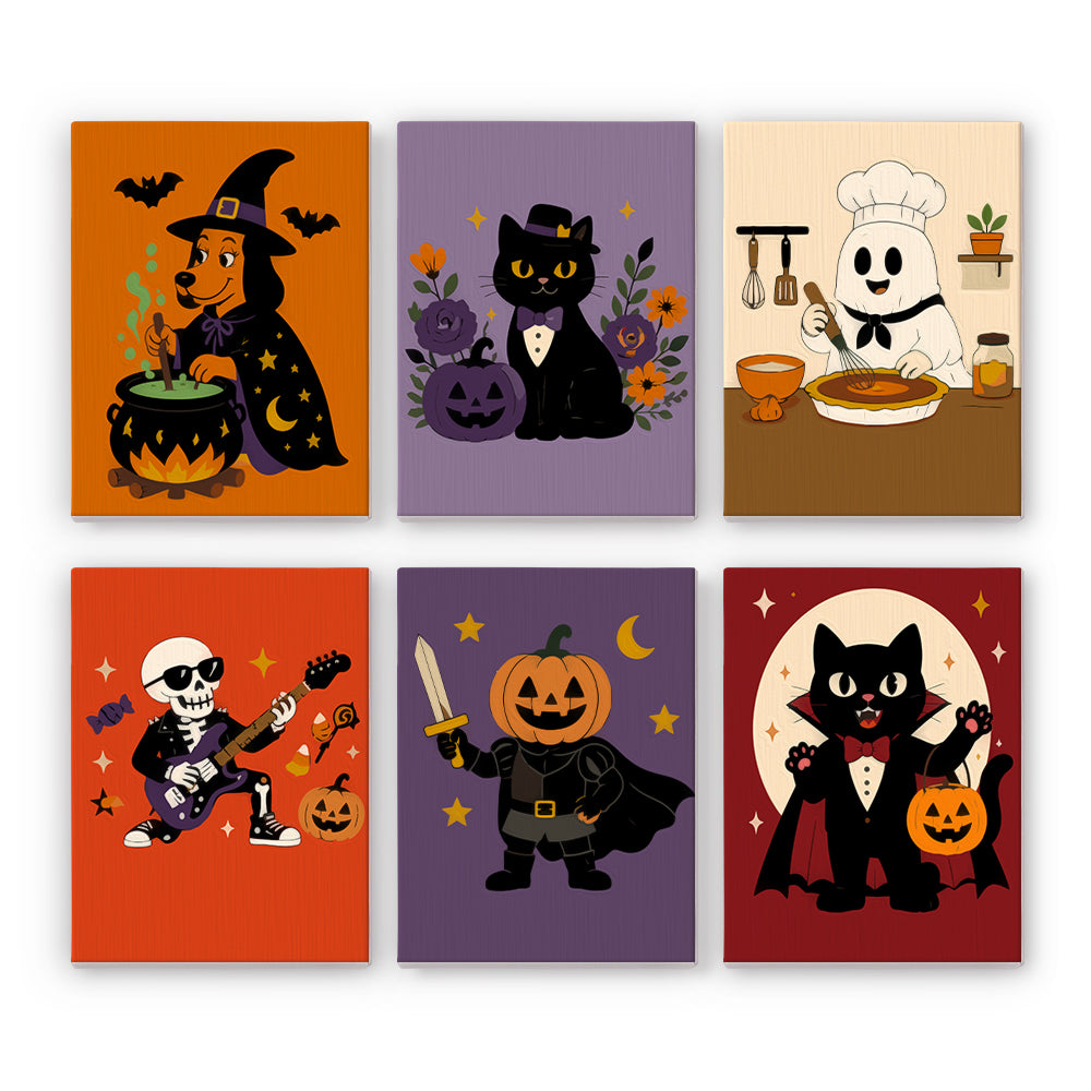 Ghost Chef and Skeleton Rocker mini paint by numbers – Halloween performers: witchy dog at a cauldron, ghost chef, guitar skeleton, pumpkin knight, vampire cat