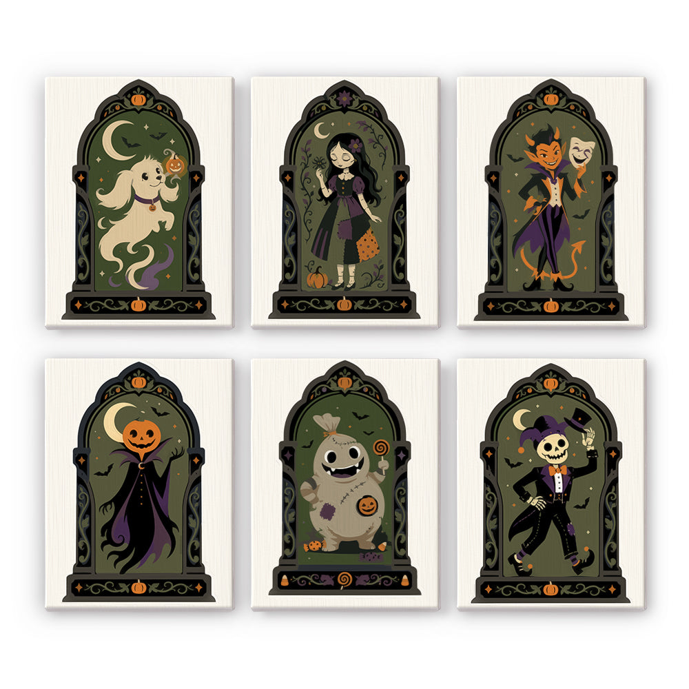 Arched Window Haunted Gallery mini paint by numbers – Gothic figures in dark green arches: ghost, witch, masked jester, pumpkin-head, ghoul and top-hat skeleton