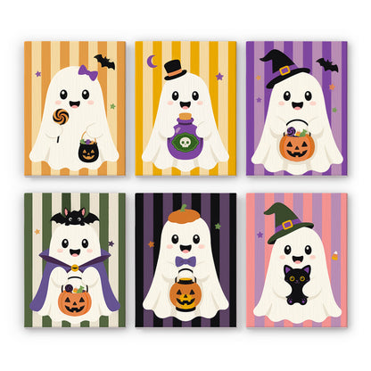 Striped Backdrop Dress-Up Ghosts mini paint by numbers – Smiling sheet ghosts in costumes, bows, top hat, witch hats and a cape, on candy-striped backgrounds