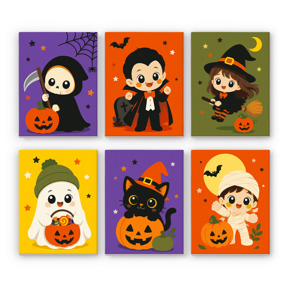 Reaper and Vampire Kid Costumes mini paint by numbers – Cute kids in costumes: little reaper, vampire, witch on a broom, ghost in a beanie, cat on a pumpkin, mummy