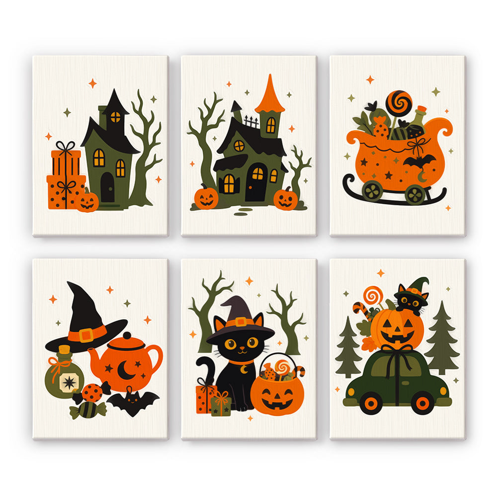 Witch Hat Teapot and Candy Sleigh mini paint by numbers – Cute Halloween treats on cream: haunted cottages, pumpkin sleigh of candy, witch hat teapot, black cat, pumpkin car