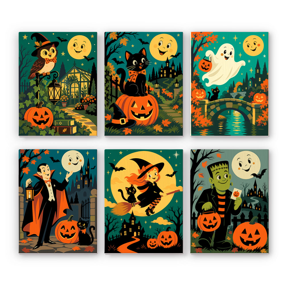 Vampire and Green Monster Night mini paint by numbers – Vintage night: owl with lantern, cat on a pumpkin, bridge ghost, vampire, witch on a broom, green monster