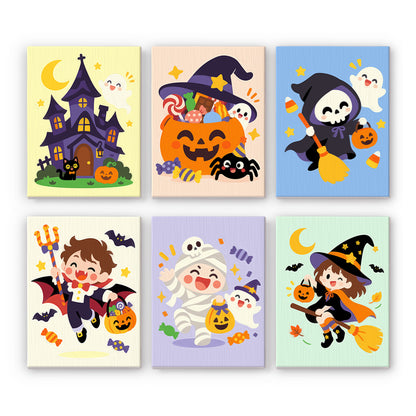 Little Devil and Reaper Kids mini paint by numbers – Pastel trick-or-treat scenes: haunted house, candy pumpkin, little reaper, devil boy, mummy, witch girl