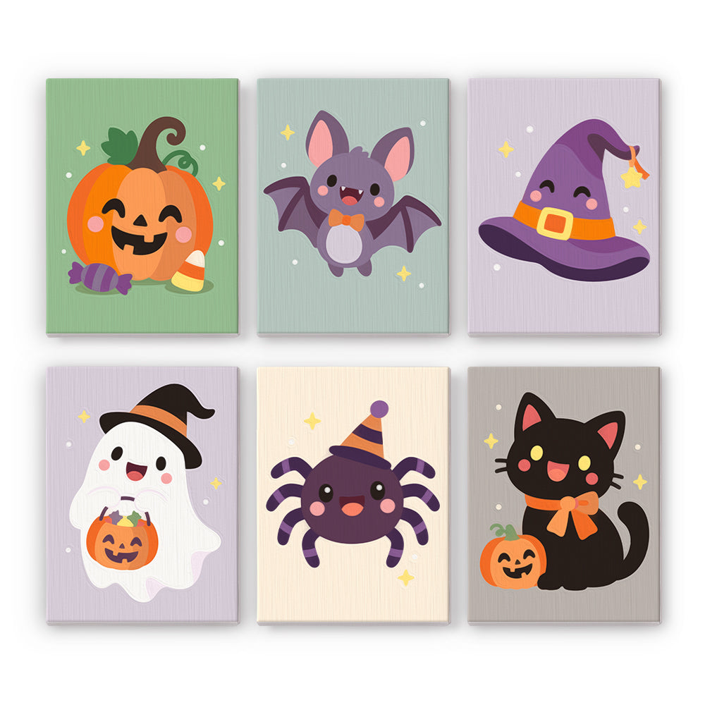 Party Hat Spider and Bat mini paint by numbers – Cute Halloween icons on muted pastels: pumpkin with candy corn, bat, witch hat, ghost, party-hat spider, black cat