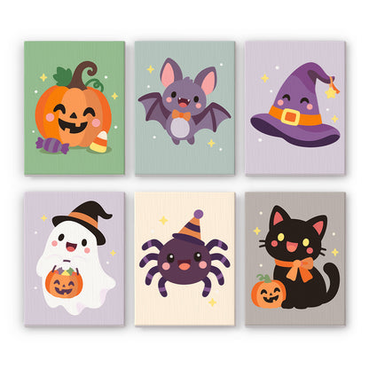 Party Hat Spider and Bat mini paint by numbers – Cute Halloween icons on muted pastels: pumpkin with candy corn, bat, witch hat, ghost, party-hat spider, black cat