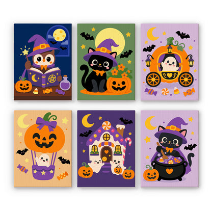 Pumpkin Balloon Ghost Rides mini paint by numbers – Owl reading a spellbook, black cat, pumpkin coach, ghost in a pumpkin balloon, candy house and cat witch